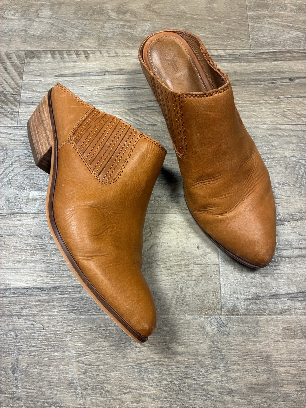 Frye Leather Cognac Pointy Toe Slip On Mules